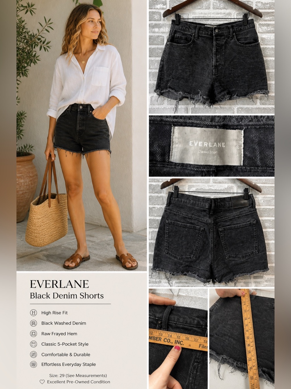 Everlane‎ Black Cheeky Short Denim Shorts High Rise Minimalist Casual Size 29